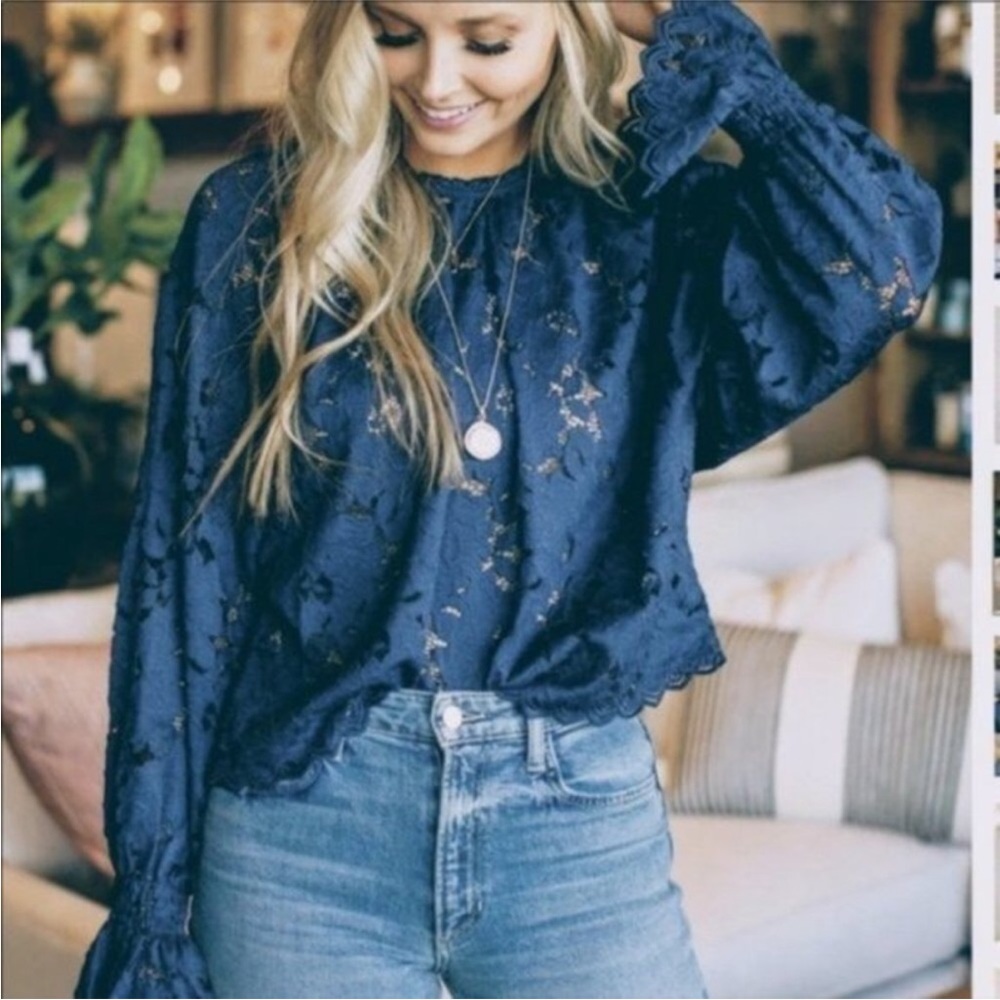 Free People Olivia Balloon Sleeve Lace Blouse Navy Small